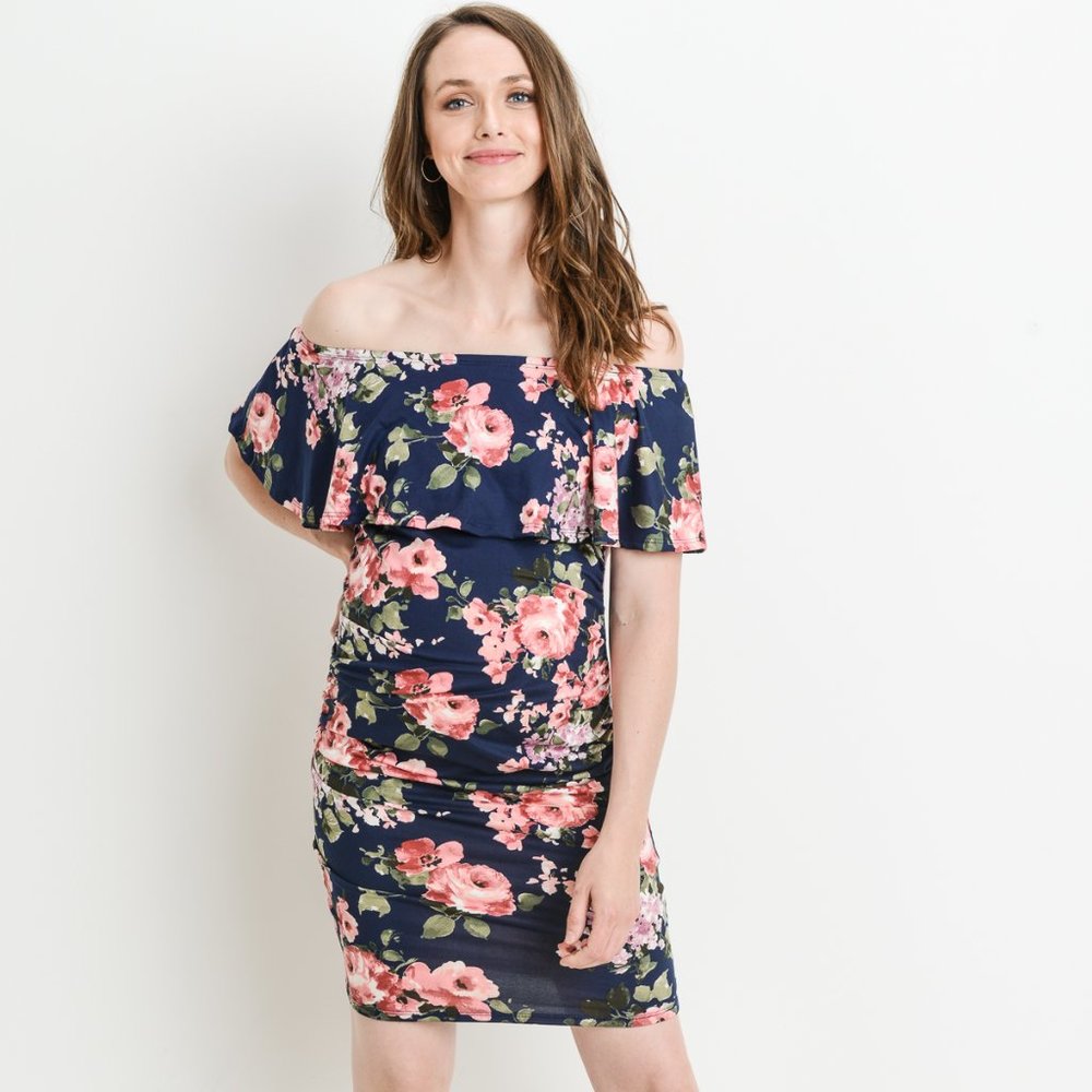 <CMD1590L> Navy Floral Off-Shoulder Maternity Dress